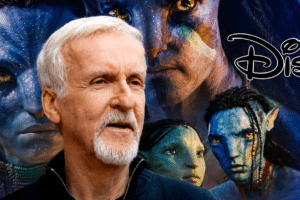 Close-up of an older man in front of a collage of blue Na’vi characters and a Disney logo on a space-themed background.