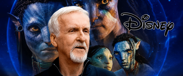 Close-up of an older man in front of a collage of blue Na’vi characters and a Disney logo on a space-themed background.