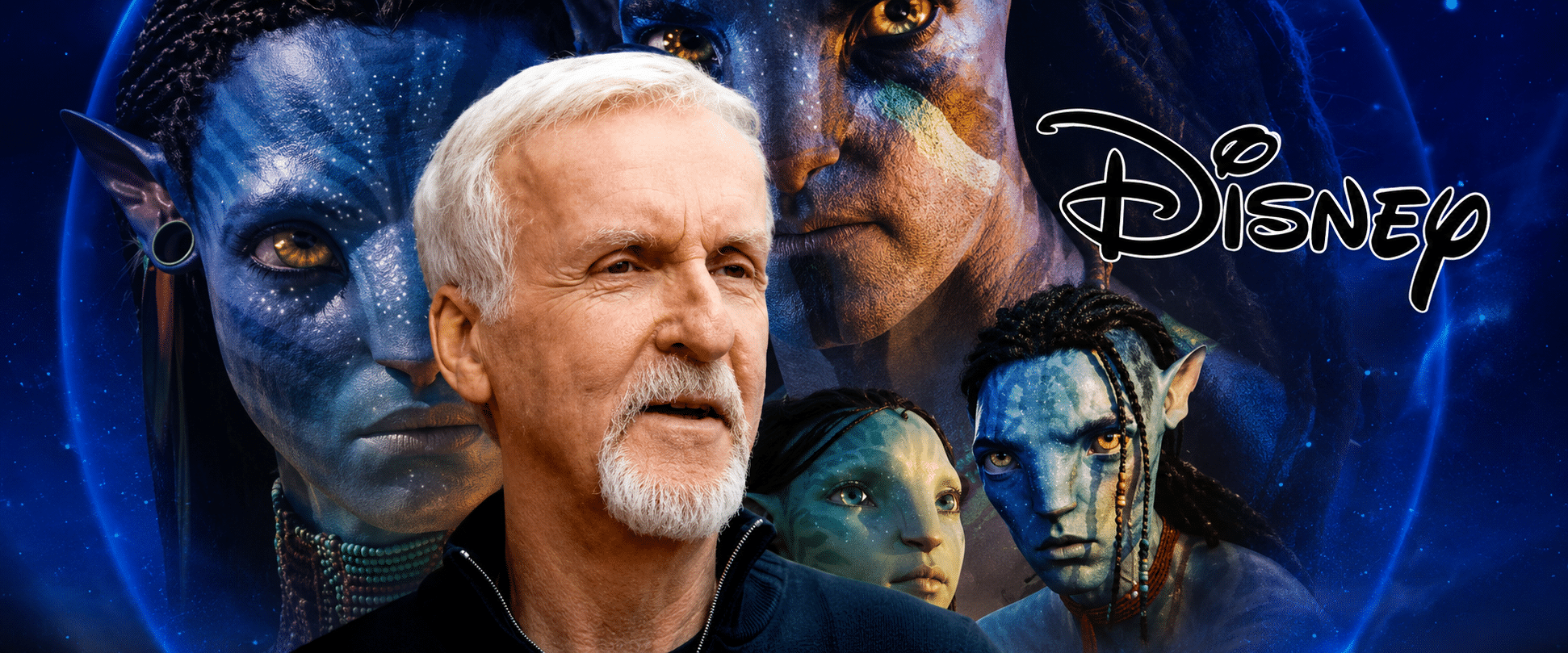 Close-up of an older man in front of a collage of blue Na’vi characters and a Disney logo on a space-themed background.