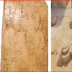 Triptych of ancient artifacts: left—green carved stone with hieroglyphs, middle—sand-coloured inscribed tablet with cartouches, right—desert ruin with carved stone steps and looser relief fragments.