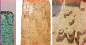 Triptych of ancient artifacts: left—green carved stone with hieroglyphs, middle—sand-coloured inscribed tablet with cartouches, right—desert ruin with carved stone steps and looser relief fragments.