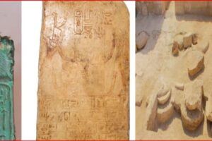 Triptych of ancient artifacts: left—green carved stone with hieroglyphs, middle—sand-coloured inscribed tablet with cartouches, right—desert ruin with carved stone steps and looser relief fragments.