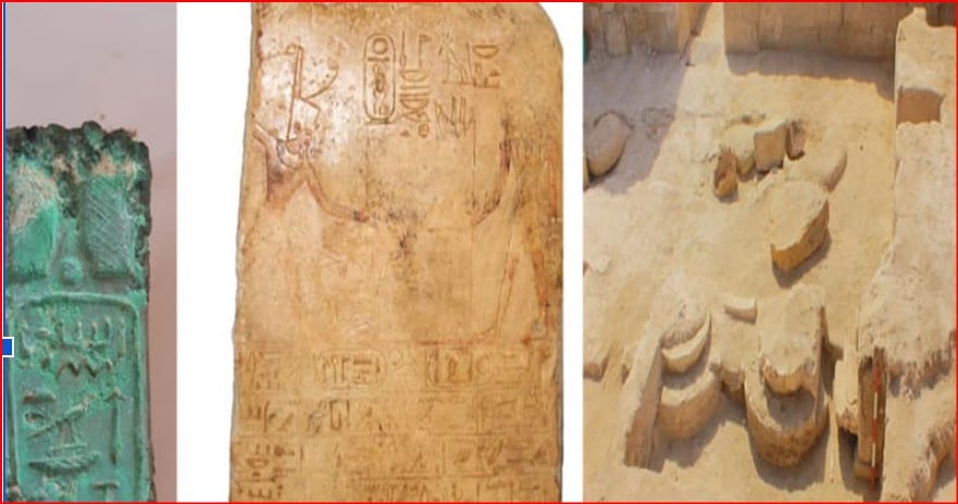 Triptych of ancient artifacts: left—green carved stone with hieroglyphs, middle—sand-coloured inscribed tablet with cartouches, right—desert ruin with carved stone steps and looser relief fragments.