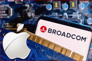 Close-up of a Broadcom logo on a computer chip with an Apple logo on a blue circuit board.