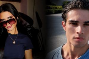 Split image showing a woman indoors on the left wearing sunglasses and a navy shirt, and a man outdoors on the right in a blue shirt.