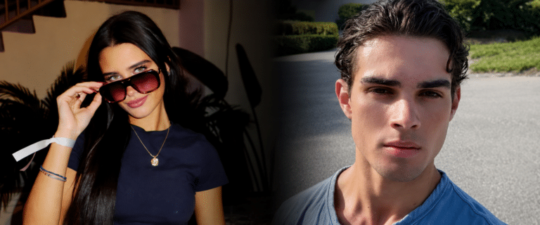 Split image showing a woman indoors on the left wearing sunglasses and a navy shirt, and a man outdoors on the right in a blue shirt.