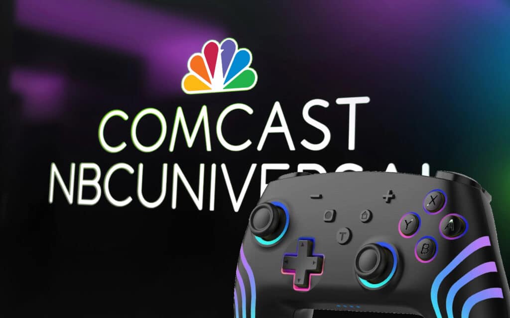 Comcast NBCUniversal branding on a dark background with a colorful game controller in the foreground.