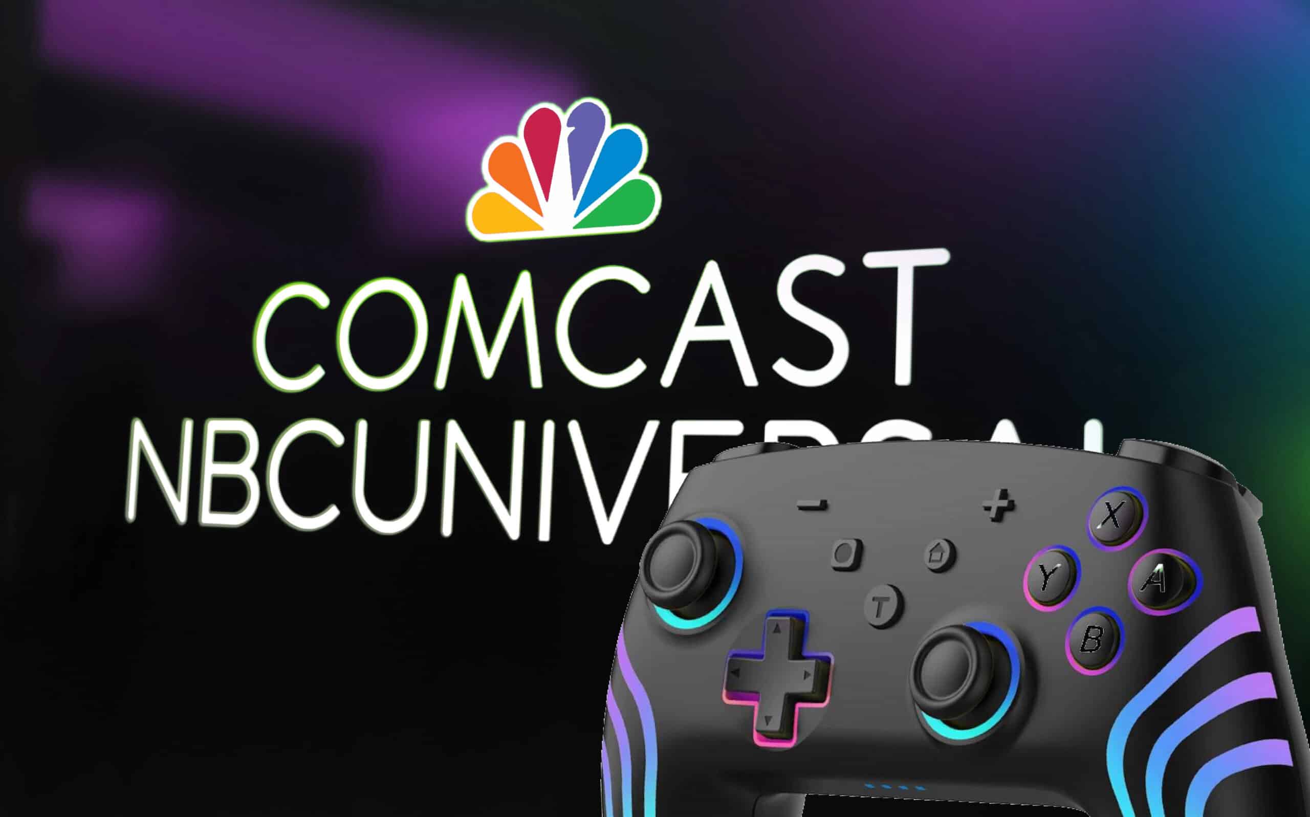 Comcast NBCUniversal branding on a dark background with a colorful game controller in the foreground.