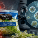 Editorial illustration of Taylor Farms shredded iceberg lettuce beside a microscope and a magnified depiction of Cyclospora contamination.