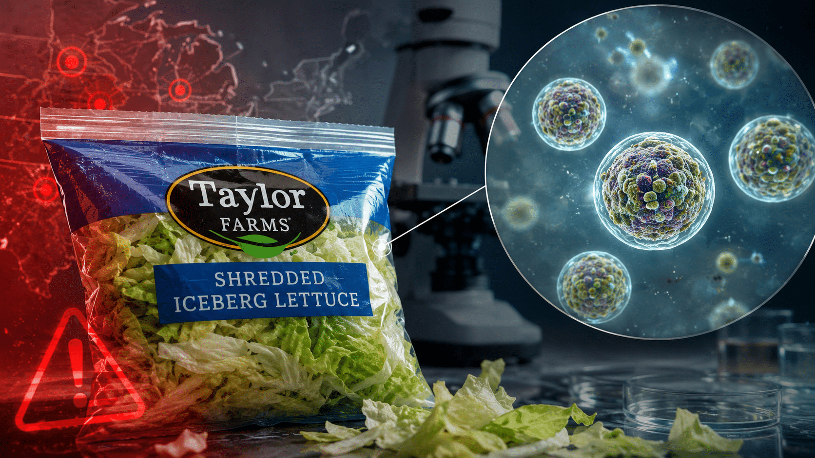 Editorial illustration of Taylor Farms shredded iceberg lettuce beside a microscope and a magnified depiction of Cyclospora contamination.
