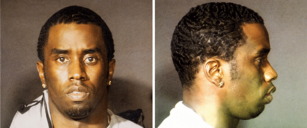 Mugshot pair: man facing forward (left) and in profile (right) with neutral expression; brown background.