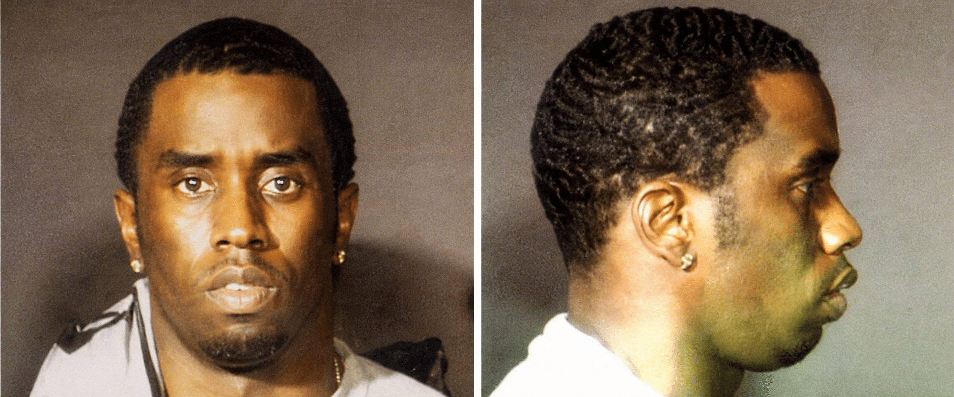 Mugshot pair: man facing forward (left) and in profile (right) with neutral expression; brown background.