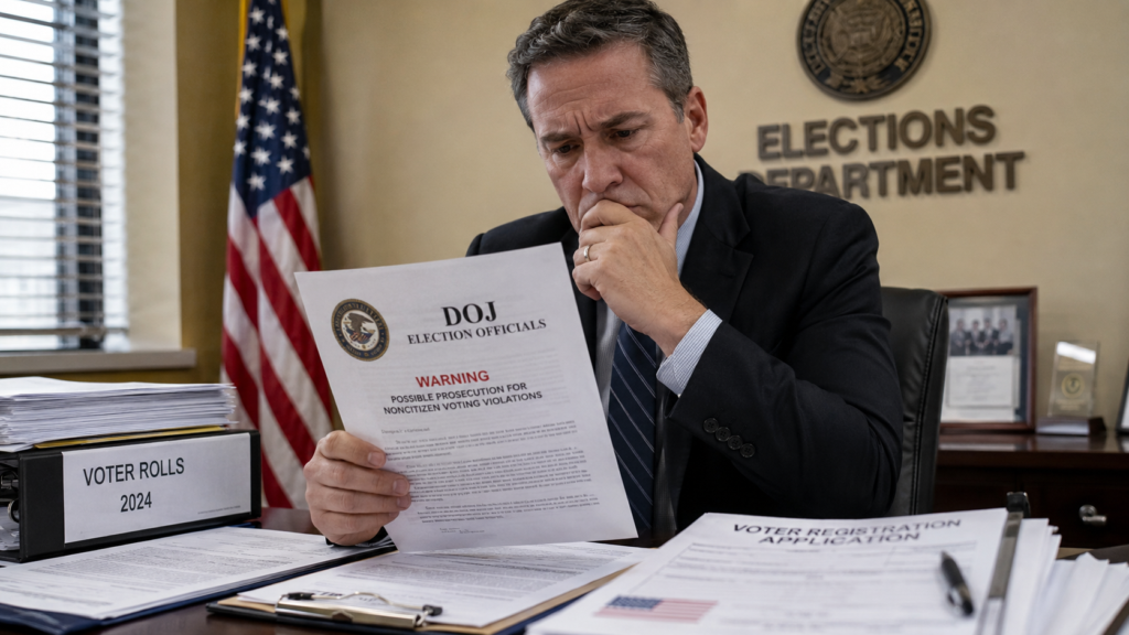 Editorial illustration of an election official reviewing a DOJ warning letter about voter rolls and noncitizen voting
