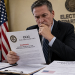 Editorial illustration of an election official reviewing a DOJ warning letter about voter rolls and noncitizen voting