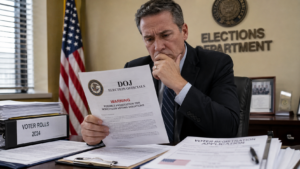Editorial illustration of an election official reviewing a DOJ warning letter about voter rolls and noncitizen voting
