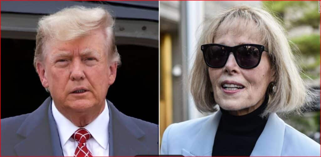 Split image of two adults: a man in a dark suit with a red tie on the left, and a woman wearing sunglasses and a light blue blazer on the right.