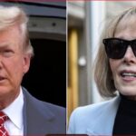 Split image of two adults: a man in a dark suit with a red tie on the left, and a woman wearing sunglasses and a light blue blazer on the right.