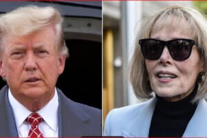 Split image of two adults: a man in a dark suit with a red tie on the left, and a woman wearing sunglasses and a light blue blazer on the right.