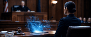 Woman in a suit sits at a courtroom desk, with blue holographic data screens projected from a tablet in front of her, judge visible in the background.
