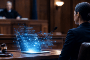 Woman in a suit sits at a courtroom desk, with blue holographic data screens projected from a tablet in front of her, judge visible in the background.
