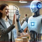 Woman in business attire high-fiving a friendly robot in a modern open office with coworkers at desks in the background, signaling collaboration.