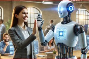 Woman in business attire high-fiving a friendly robot in a modern open office with coworkers at desks in the background, signaling collaboration.