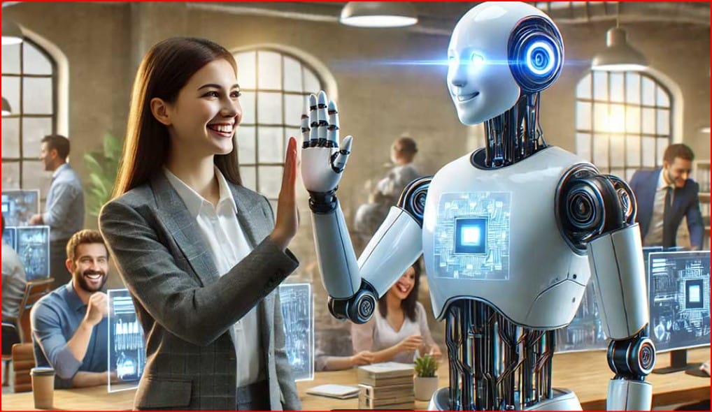 Woman in business attire high-fiving a friendly robot in a modern open office with coworkers at desks in the background, signaling collaboration.