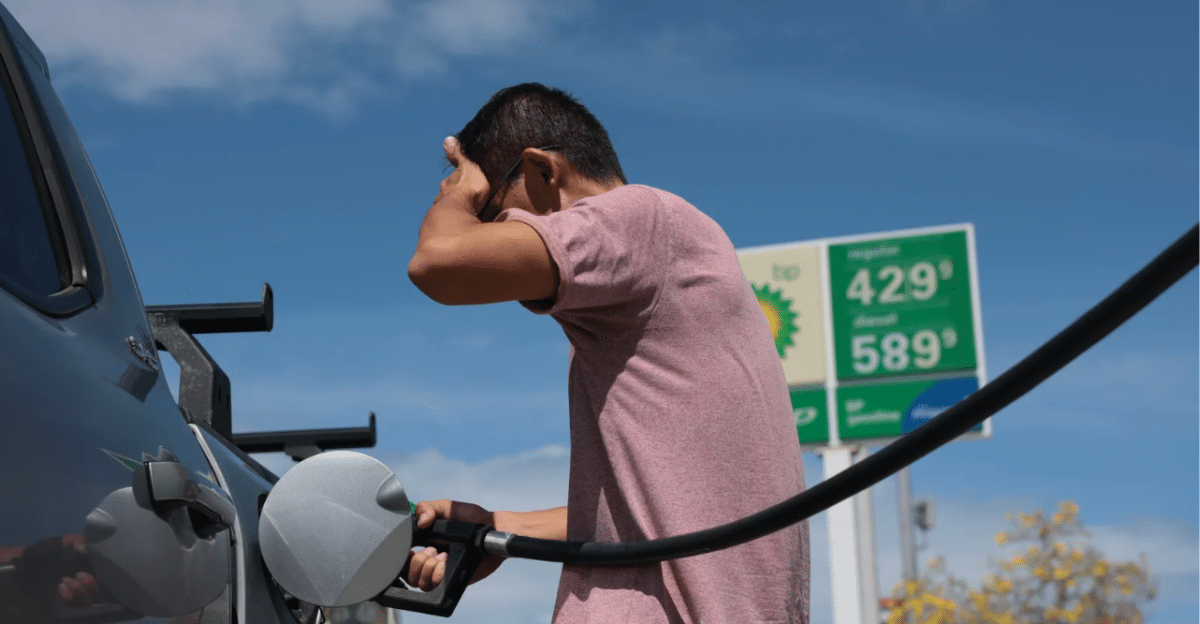 Man in a pink shirt pumps fuel into a dark SUV at a gas station under a blue sky, adjusting his hair as he refuels.