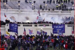 Crowd of Trump supporters on the Capitol steps with Trump 2020 banners and American flags.