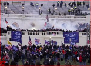 Crowd of Trump supporters on the Capitol steps with Trump 2020 banners and American flags.