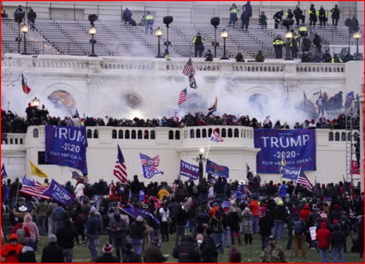 Crowd of Trump supporters on the Capitol steps with Trump 2020 banners and American flags.