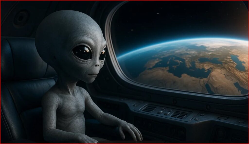 Alien sitting inside a spacecraft, gazing at Earth through a window.