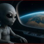 Alien sitting inside a spacecraft, gazing at Earth through a window.