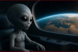 Alien sitting inside a spacecraft, gazing at Earth through a window.