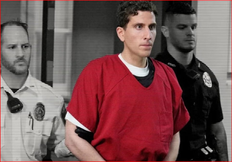 Man in a red jail jumpsuit escorted by two uniformed guards in a hallway