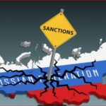 Yellow 'SANCTIONS' sign over a cracked, flag-colored map of Russia, conveying international sanctions on Russia.