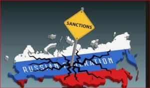 Yellow 'SANCTIONS' sign over a cracked, flag-colored map of Russia, conveying international sanctions on Russia.