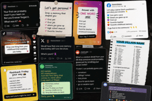 Collage of social media posts encouraging users to share personal memories, childhood details, and other information commonly used in security questions.