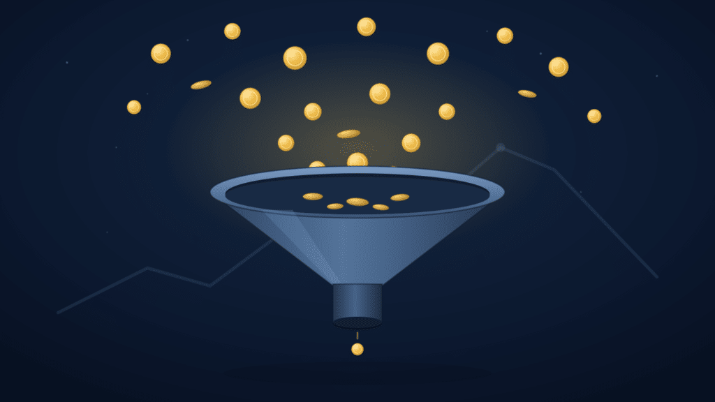 Blue funnel pouring gold coins into a drop, set against a dark blue gradient background, symbolizing a revenue funnel.