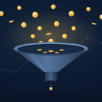 Blue funnel pouring gold coins into a drop, set against a dark blue gradient background, symbolizing a revenue funnel.