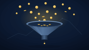 Blue funnel pouring gold coins into a drop, set against a dark blue gradient background, symbolizing a revenue funnel.