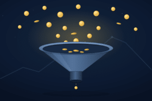 Blue funnel pouring gold coins into a drop, set against a dark blue gradient background, symbolizing a revenue funnel.