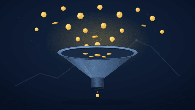 Blue funnel pouring gold coins into a drop, set against a dark blue gradient background, symbolizing a revenue funnel.