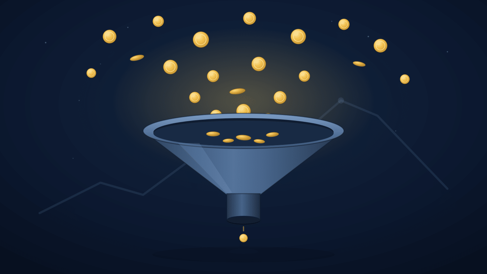Blue funnel pouring gold coins into a drop, set against a dark blue gradient background, symbolizing a revenue funnel.