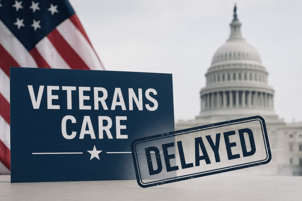 Blue sign says 'VETERANS CARE' with a white star line, overlaid by a 'DELAYED' stamp; U.S. flag and Capitol dome in the background.