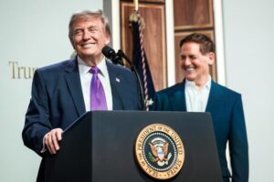 President Donald Trump speaks at a healthcare affordability event with CMS Administrator Dr. Mehmet Oz and other health officials nearby.