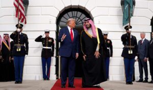 President Donald Trump speaks with Saudi Crown Prince Mohammed bin Salman at the White House.