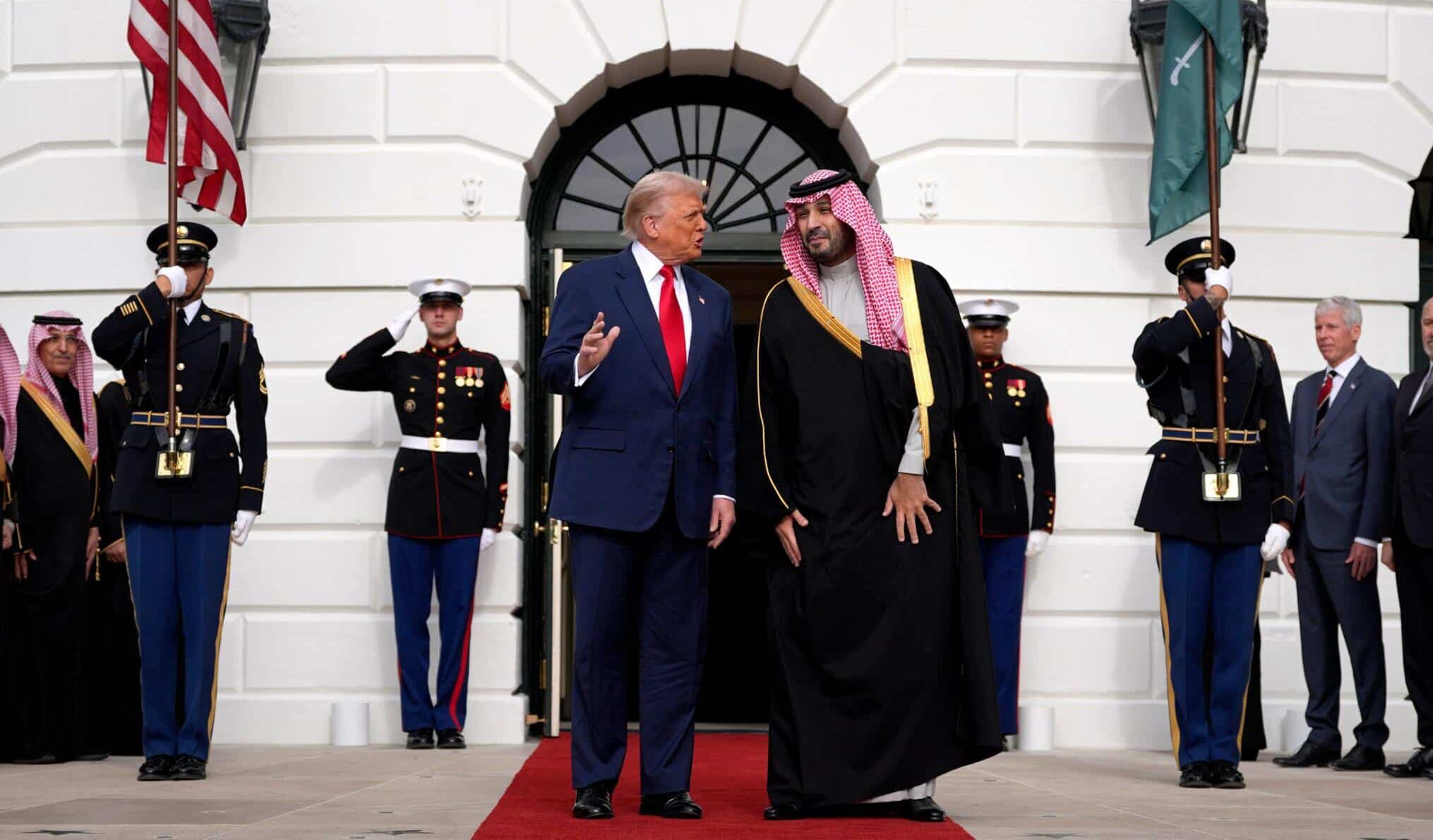 President Donald Trump speaks with Saudi Crown Prince Mohammed bin Salman at the White House.