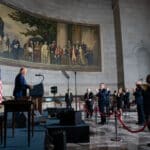 Donald Trump speaks using teleprompters as Kalshi insider trading allegations raise questions about advance access to presidential remarks.