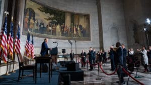 Donald Trump speaks using teleprompters as Kalshi insider trading allegations raise questions about advance access to presidential remarks.